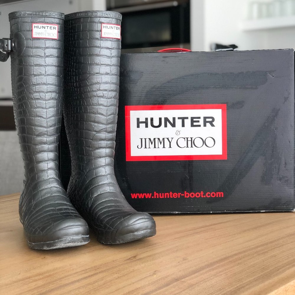 JIMMY CHOO X HUNTER RAIN BOOTS COLLABORATION ANTHRACITE SILVER CROCODILE SIZE 7